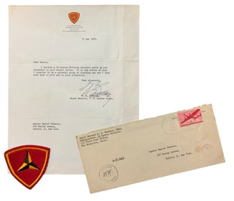 WWII 1945 USMC Marine Corps 3rd Marine Division Signed Letter & Patch MG Erskine
