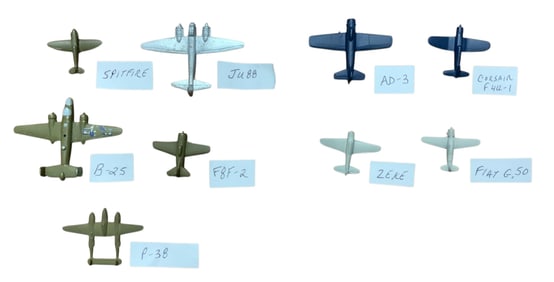 WWII METAL Aircraft Spotter Recognition Planes Zeke Fiat P-28 Spitfire Junkers B-25 Lot (9)
