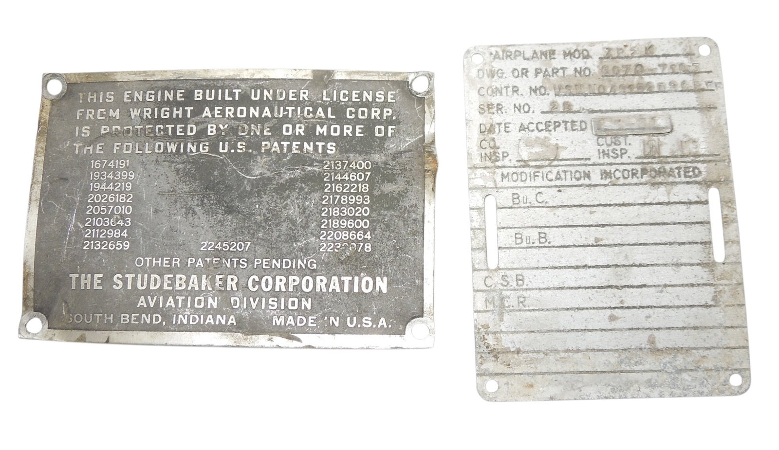 WWII US Military Navy Studebaker Aircraft Data Plates: Original as shown.