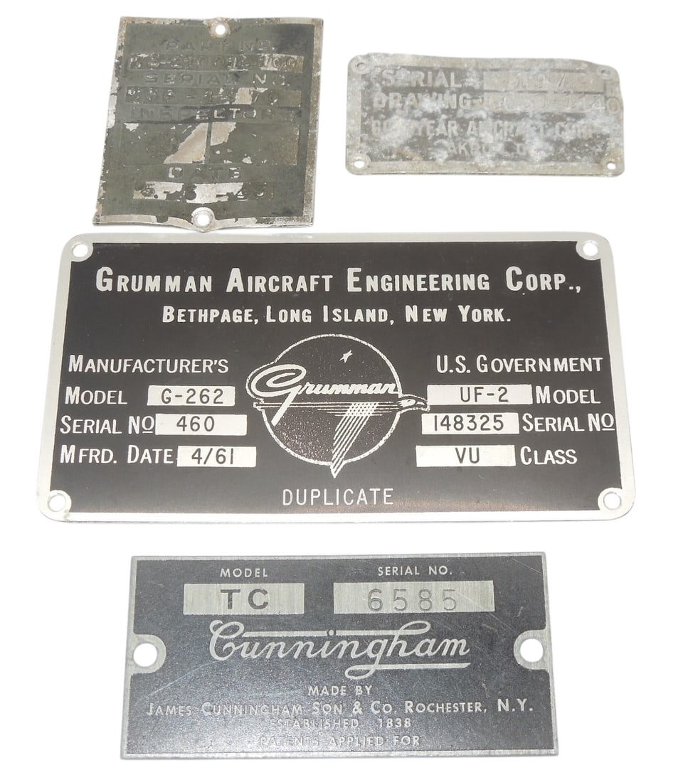 WWII - Vietnam US Military Grumman Cunningham Aircraft Data Plates: Original as shown.