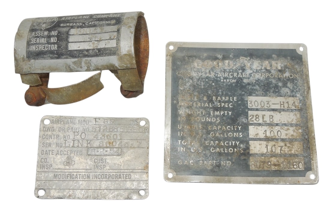 WWII US Military Goodyear Ventura Navy Airplane Data Plates: Lot as shown.