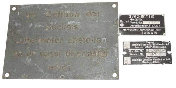 WWII German Aircraft & Equipment Data Plates (3) Lot