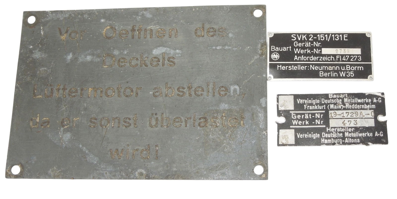WWII German Aircraft & Equipment Data Plates (3) Lot: Original as shown.