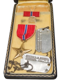 WWII US Army Bronze Star Medal & Dog Tags Sterling J Hook Chain