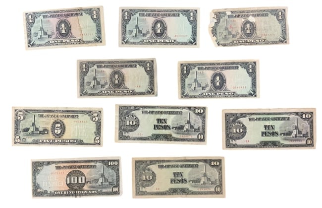 WWII Era Japanese Government Philippines Invasion Occupied Pesos Banknotes Lot (10) (1 of 2)