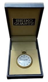 Japan Seiko Quartz Gold Tone Pocket Watch & Original Case 4312 0010R