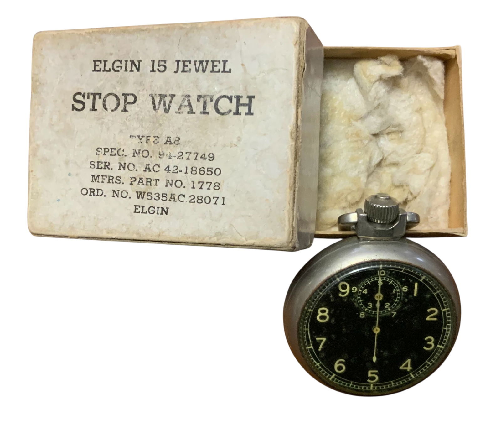 US Army 1942 Elgin 15 Jewel Bombardier Jitterbug A-8 Stop Watch Navigation Ground Speed: U.S. Army. Elgin 15 Jewel Bombardier Jitterbug A-8 Stop Watch Navigation Ground Speed. WWII era aircraft navigator's Watch, Navigation (Ground Speed) Stopwatch. Type A-8, made by Elgin to Air Corps US