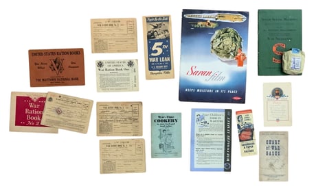 WWII Ration Raleigh Cigarettes 5th War Loan Gases Dow, Singer Sewing, etc Home Front Lot