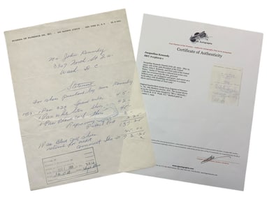 1959 Jackie & President John Kennedy JFK original Handwritten Shoes Receipt COA