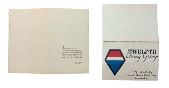 RARE WWII 1944 General Omar Bradley Birthday Menu & 12th Army Group Card