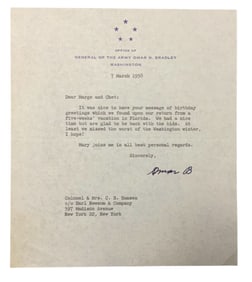 1958 Typed Signed Letter Army 5 Star General Omar Bradley