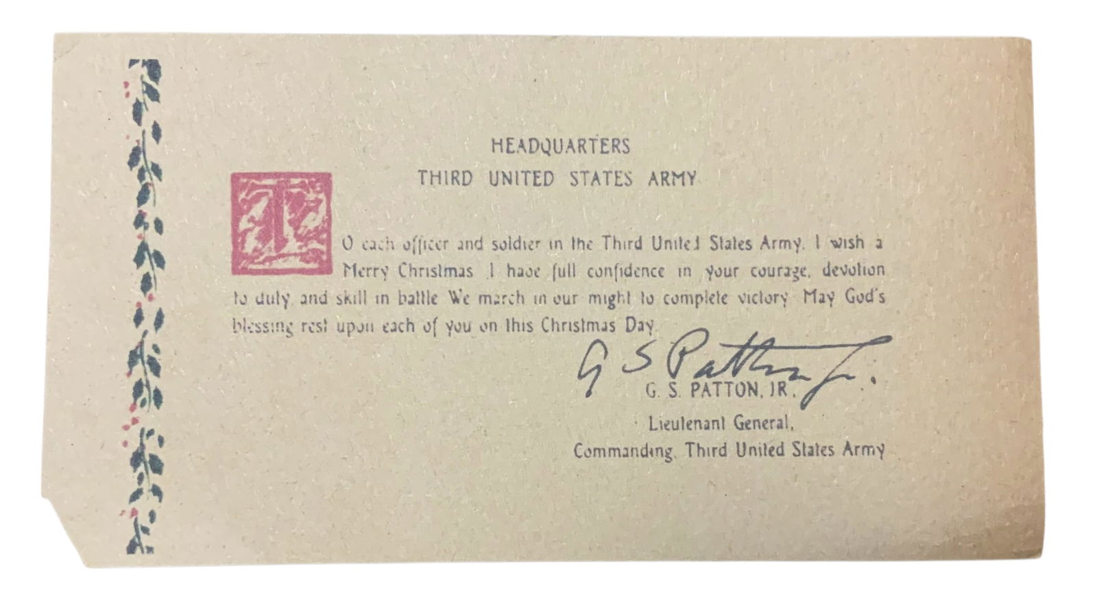 WWII 3rd Army General George Patton Battle Of The Bulge Original Prayer Card: WWII 3rd Army General George Patton Battle Of The Bulge Original Prayer Card. General George Patton's famous Battle of the Bulge prayer card and Christmas Greeting to his troops featured a request for