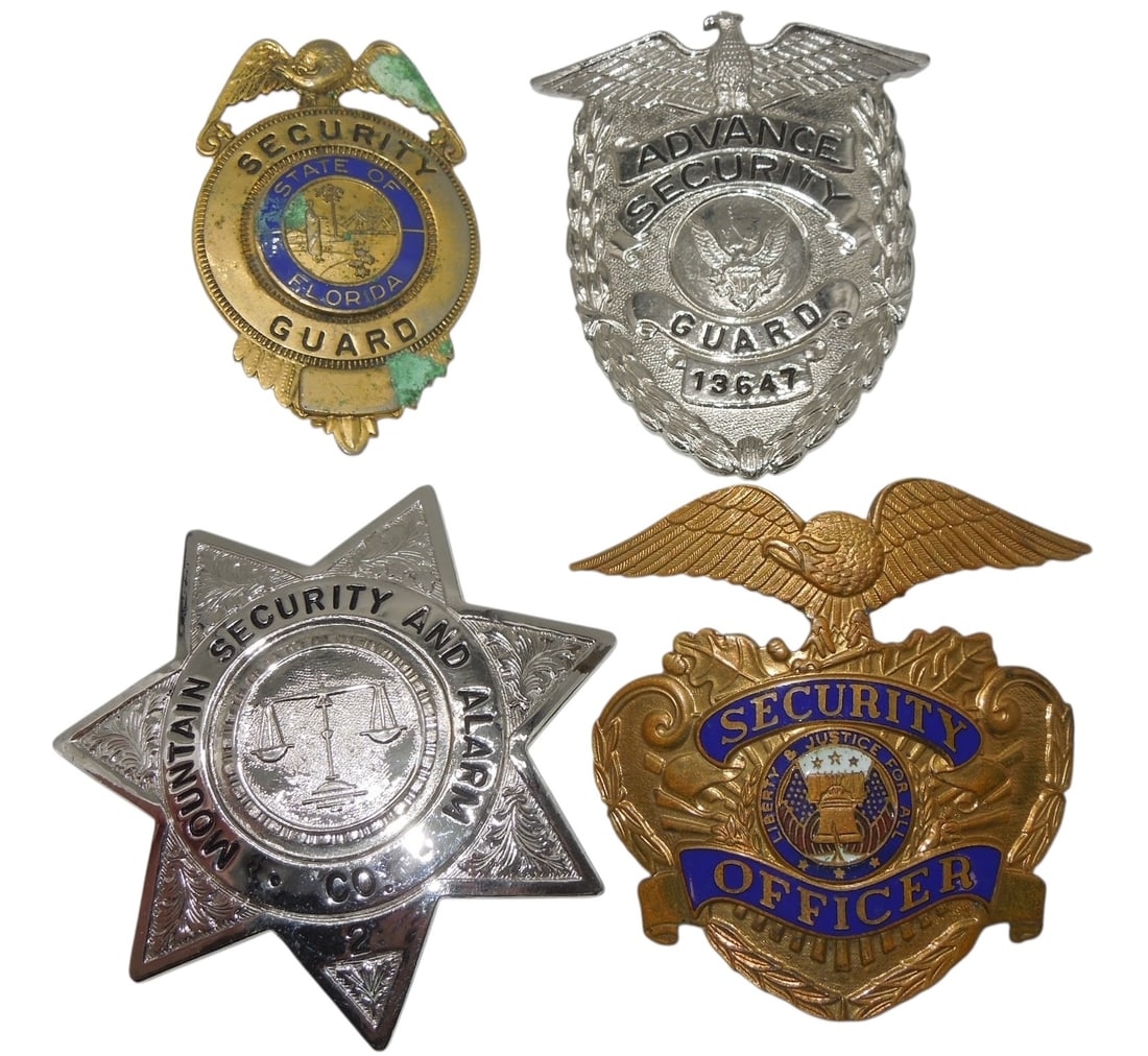 Lot (4) Vintage Security Officer Badges Florida Mountain: Original as shown.