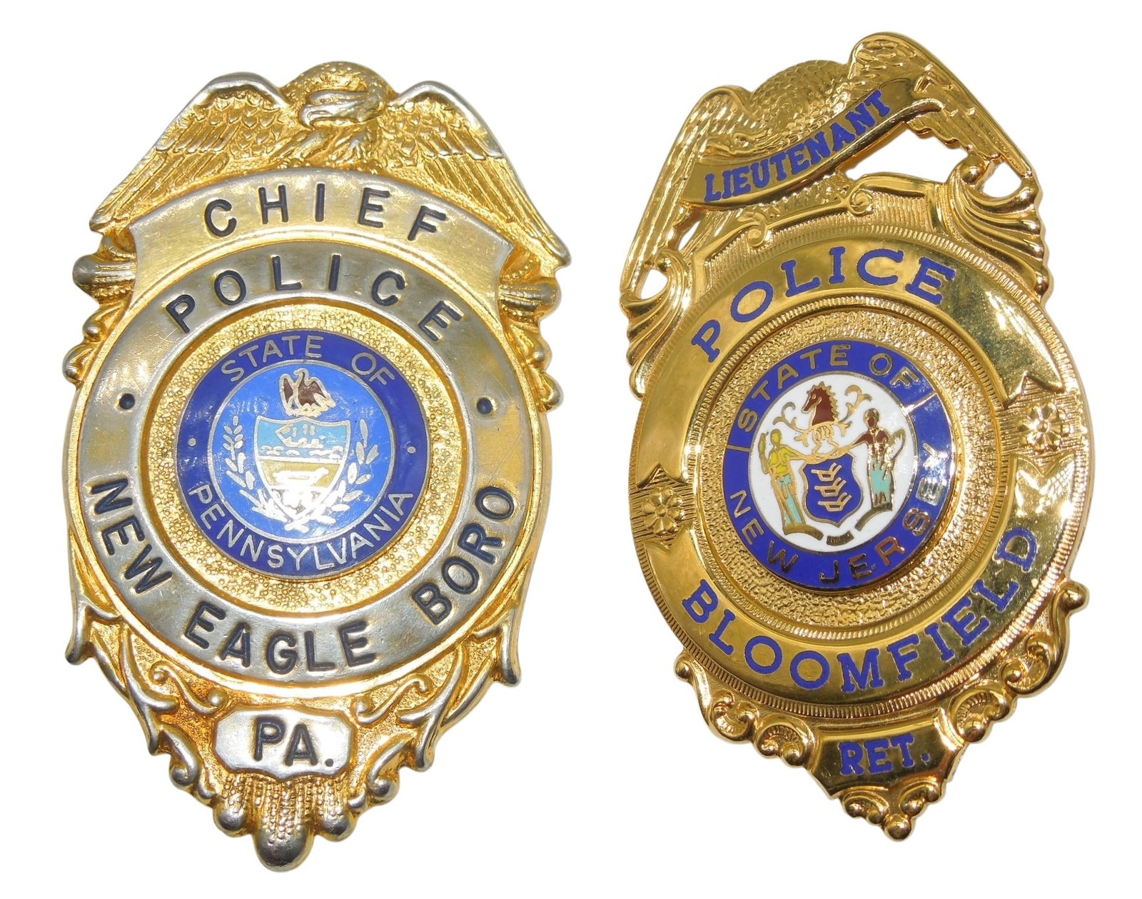Lot (2) Vintage Police Badges Chief New Eagle PA Bloomfield New Jersey: Original as shown.