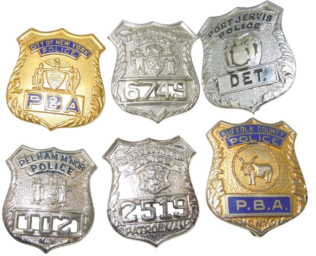 Lot (6) Mini New York City & State Police PBA Badges Pins: Original as shown.