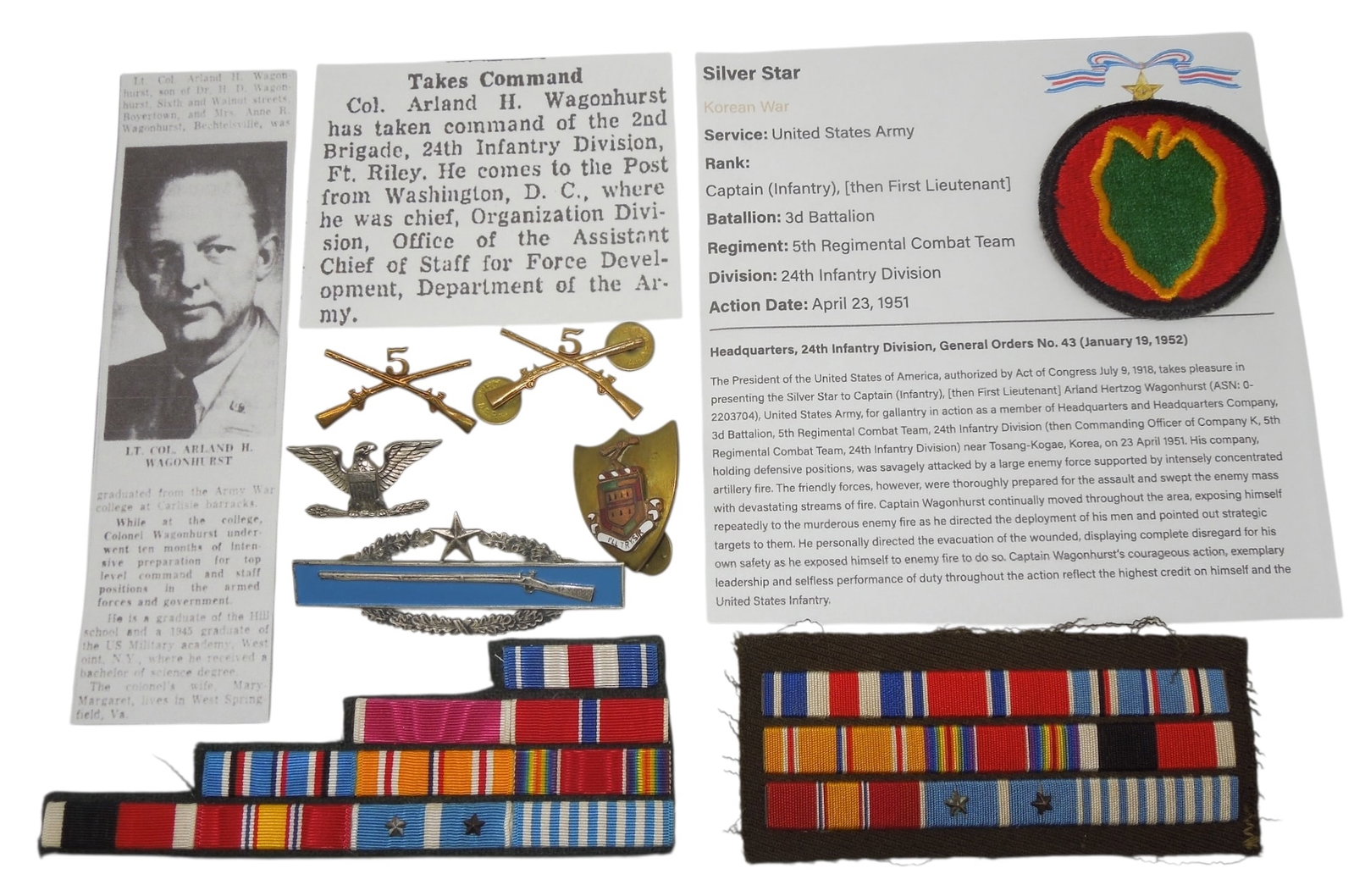 Korean War US Army Silver Star Colonel Insignia Ribbons Pins Lot 24th Division (1 of 4)
