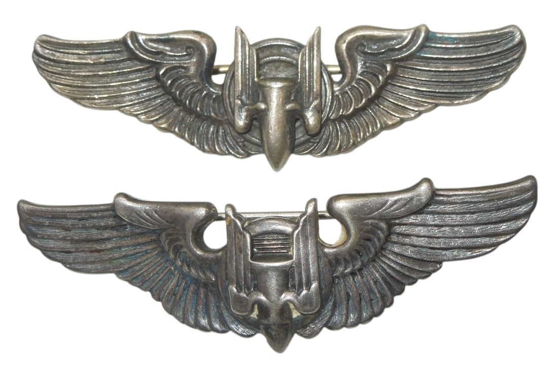 Lot (2) WWII US Army Air Force Sterling Shirt Size Gunner Wings Pins