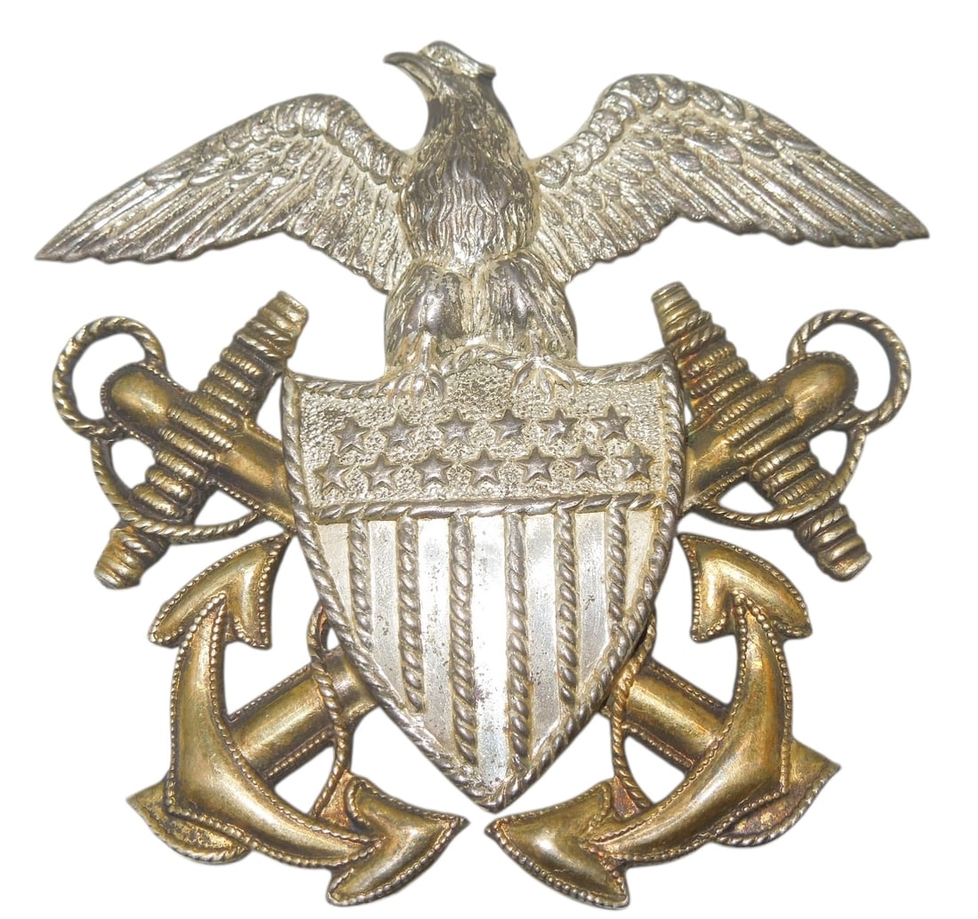 WWII US Navy Officer Sterling Visor Cap Hat Badge: Original as shown.