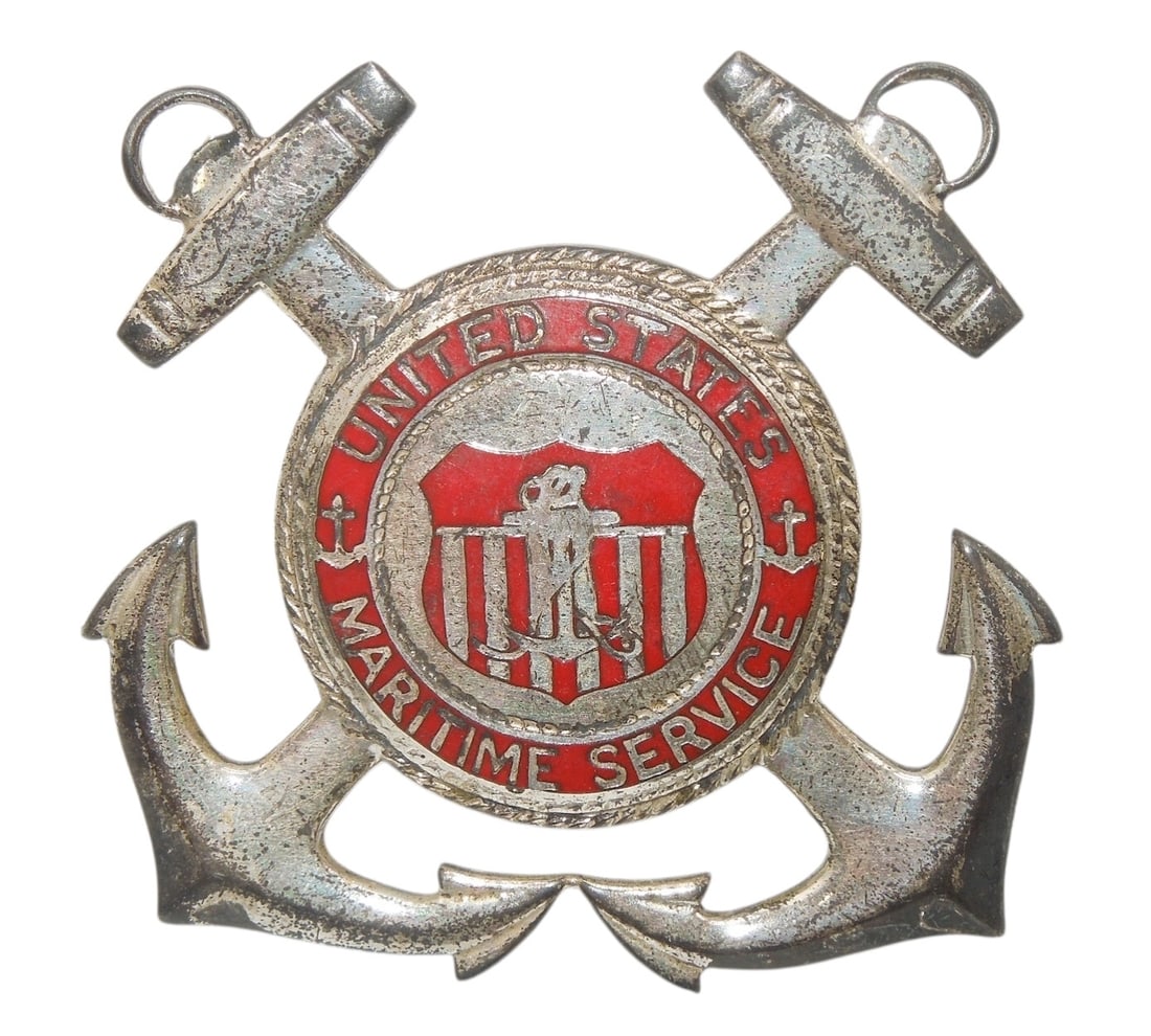 WWII USMS Maritime Service Sterling Visor Hat Cap Badge Pin (1 of 2)