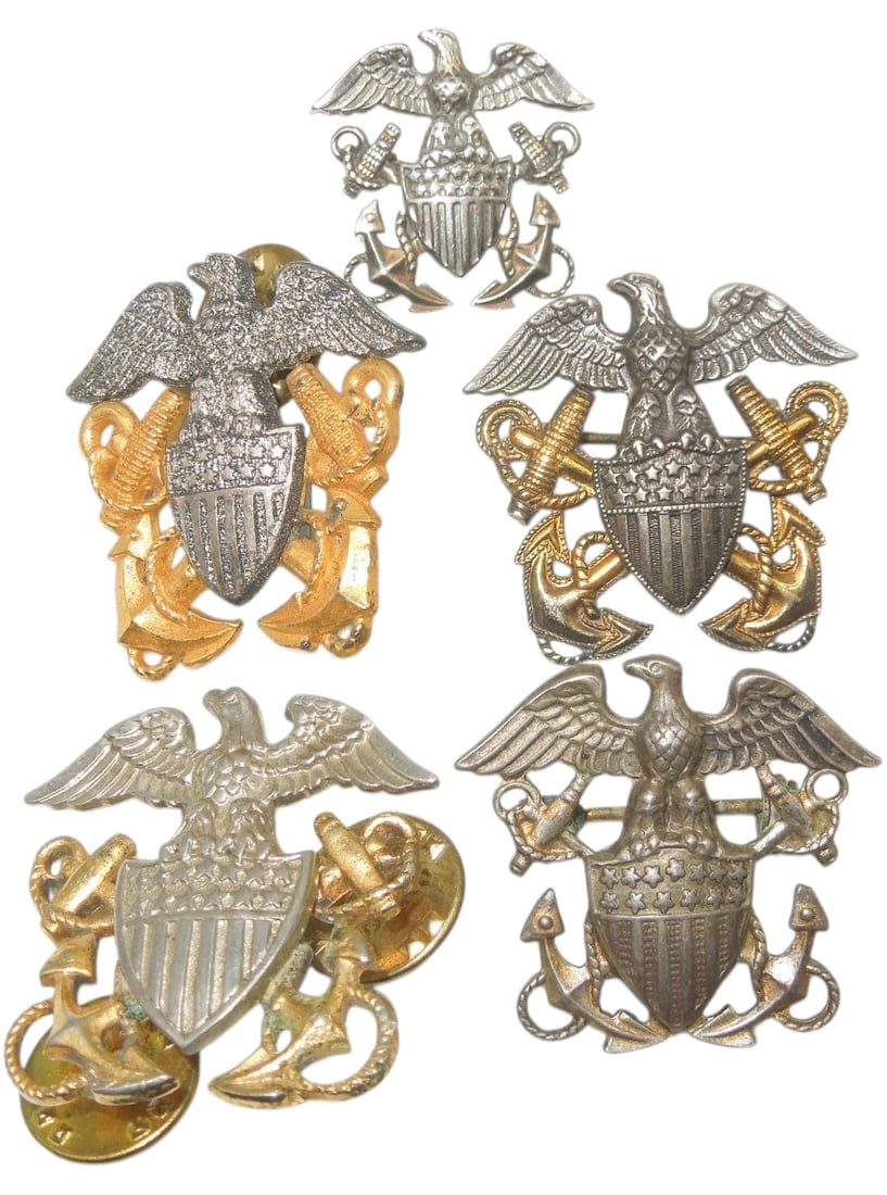Lot (5) WWII - Vietnam US Navy Mini Cap Hat Badges Pins Sterling (1 of 3)