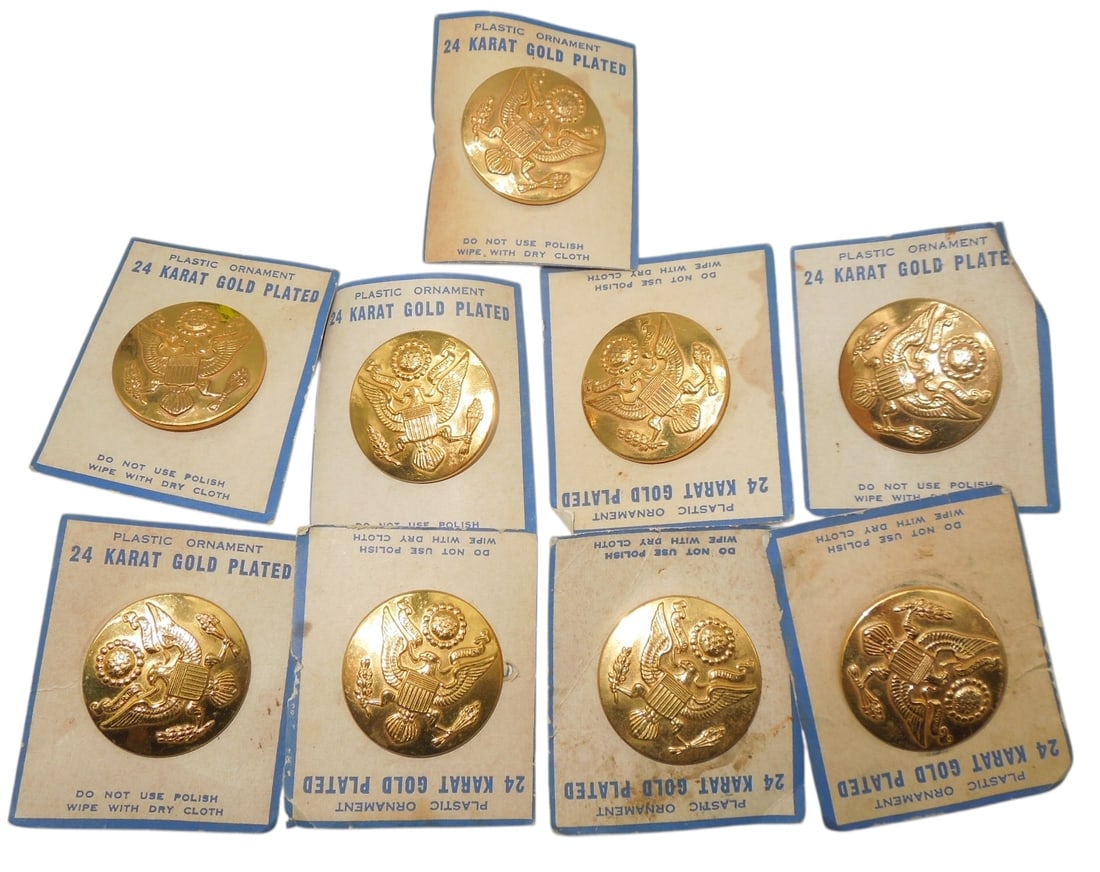 WWII Lot (9) US Army 24K Gold Plated Enlisted Visor Cap Hat Badges Pins: Original as shown.