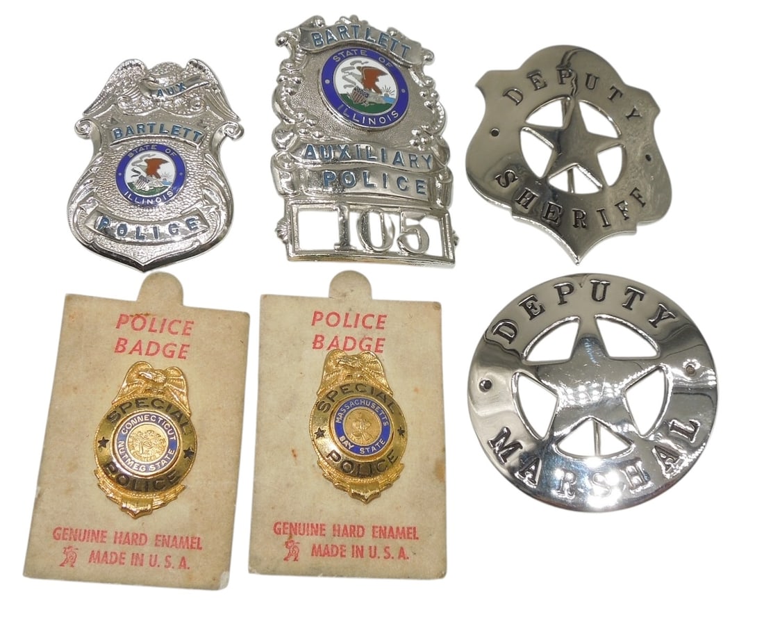 Vintage 1960s - Modern Sheriff Bartlett Illinois Massachusetts Police Badges: Lot as shown.