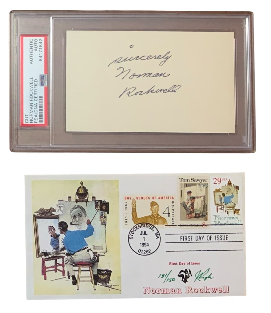 Artist Norman Rockwell PSA/DNA Certified Signed Auto Card Slabbed & First Day Cover FDC: Artist Norman Rockwell PSA/DNA Certified Signed Auto Card and Slabbed. This piece is autographed and encapsulated with PSA/DNA Certified by Professional Sports Authenticator. The consignor was a long 