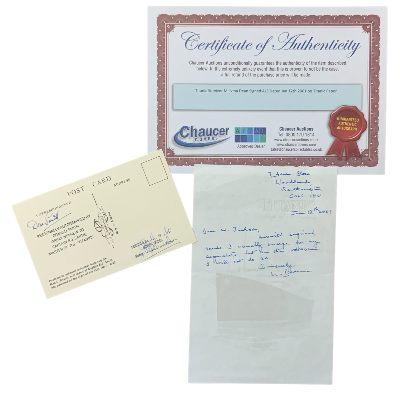 Titanic Lot Survivor Signed Auto Letter Millvina Dean & Don Smith Card: Millvina Dean was the last living survivor of the 1912 Titanic tragedy. You will receive a signed letter with Certificate of Authenticity from Chaucer Auctions. Don Smith was the great nephew of E. J.
