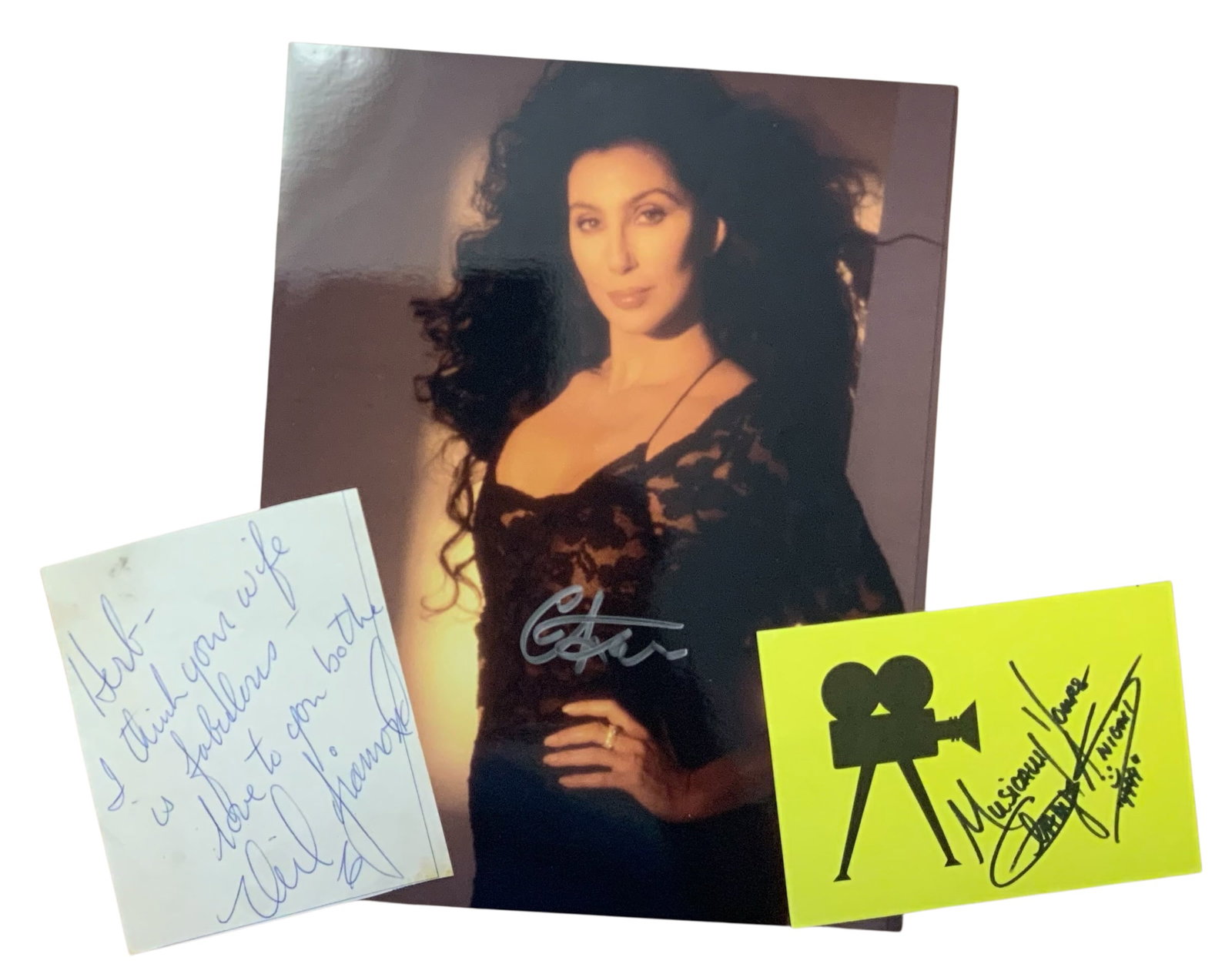 Singer / Songwriter Neil Diamond, Gladys Knight & Cher Signed Auto Lot: You will receive the following items: Singer / Songwriter Neil Diamond Signed Note. Approximate size is 3.75 x 4.75 inches. Singer Gladys Knight Signed Auto Card. Approximate size is 3.5 x 5 inches. S