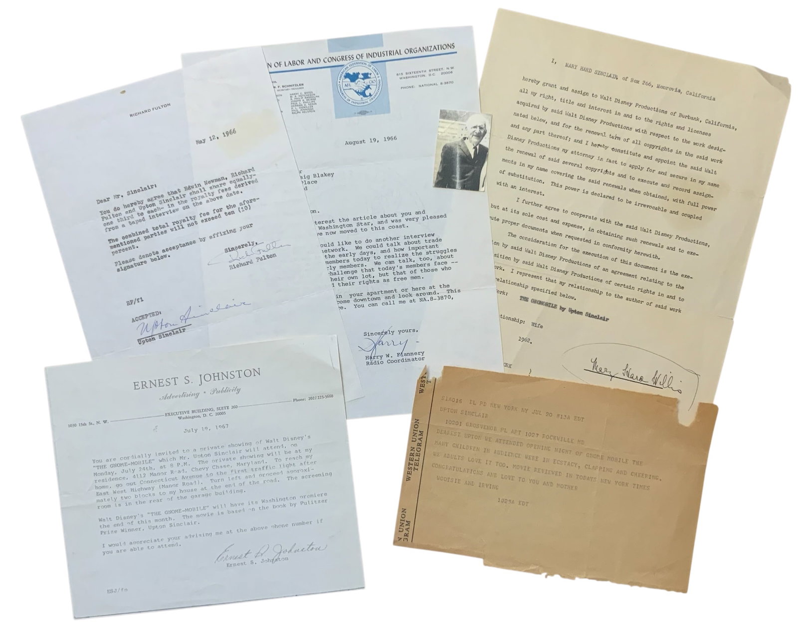 Pulitzer Prize Winner & Writer Upton Sinclair Signed Auto Lot Disney Gnome Mobile Contract: Pulitzer Prize winner of fiction & Writer Upton Sinclair signed lot of ephemera. This group does not come with a Certificate of Authenticity (COA). The consignor was a long time collector of signed / 