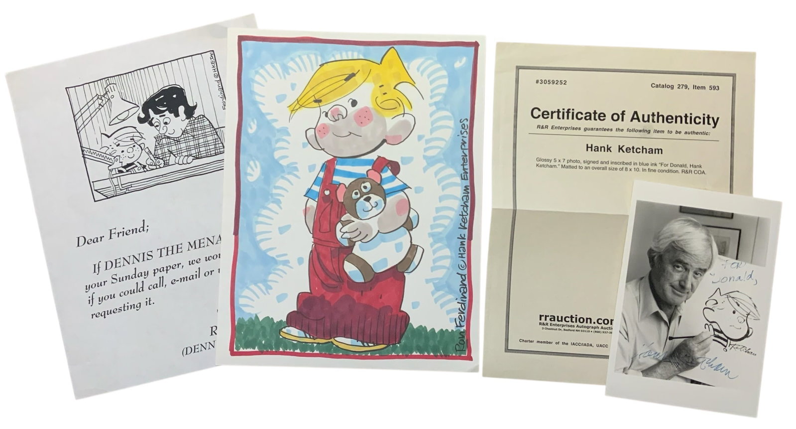 Cartoonists Ron Ferdinand & Hank Ketchum Dennis (COA) The Menace Colored / Signed Art: You will receive the following: Cartoonist Ron Ferdinand Dennis The Menace Colored Art. This item does not come with a Certificate of Authenticity (COA). Approximate size is 8.5 x 11 inches. Good cond