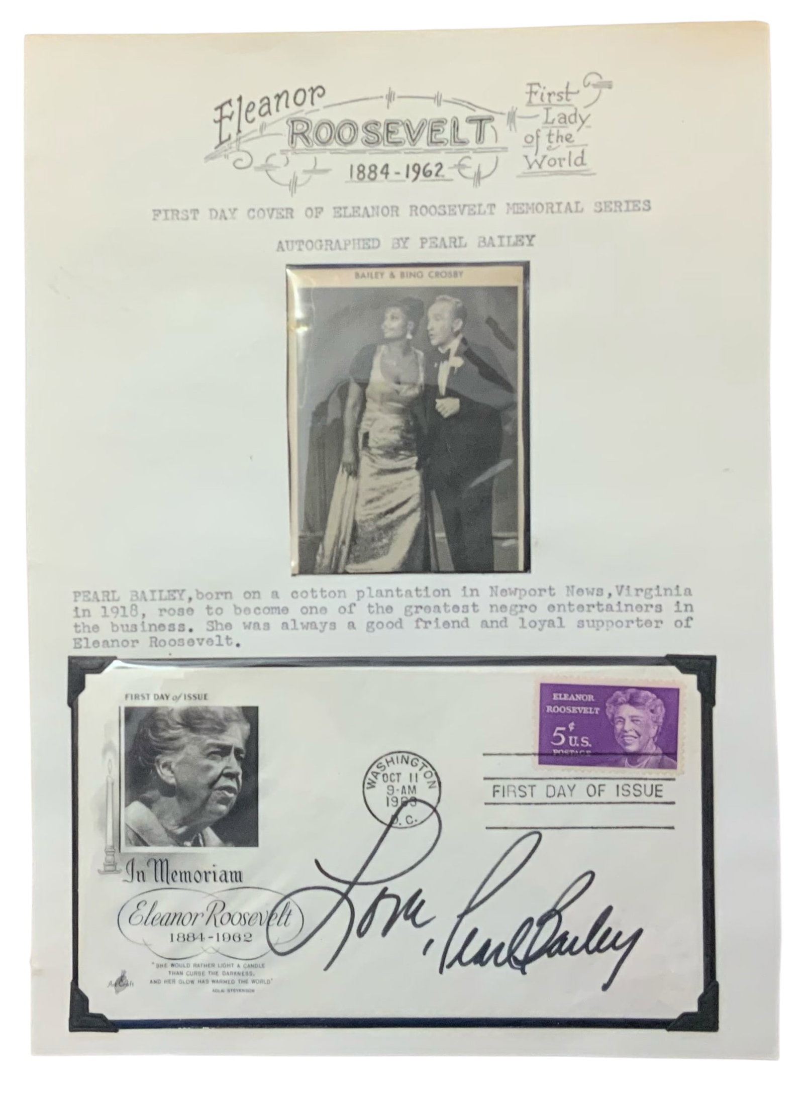 Actress Singer Comedian Pearl Bailey Signed Auto 1963 First Day Cover FDC Roosevelt (1 of 4)