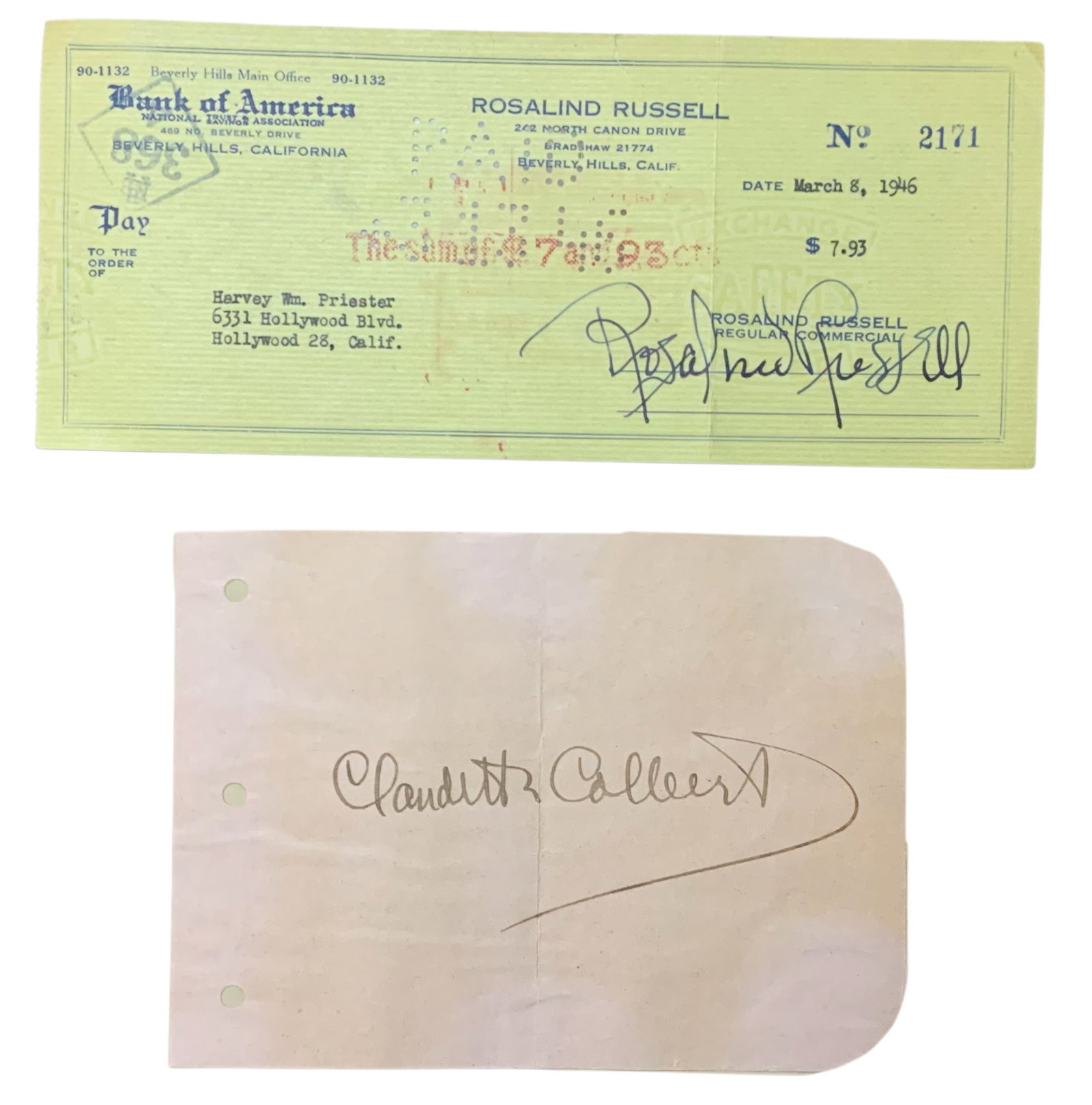 Actresses Claudette Colbert Signed Paper & Rosalind Russell Bank Check Lot (1 of 5)