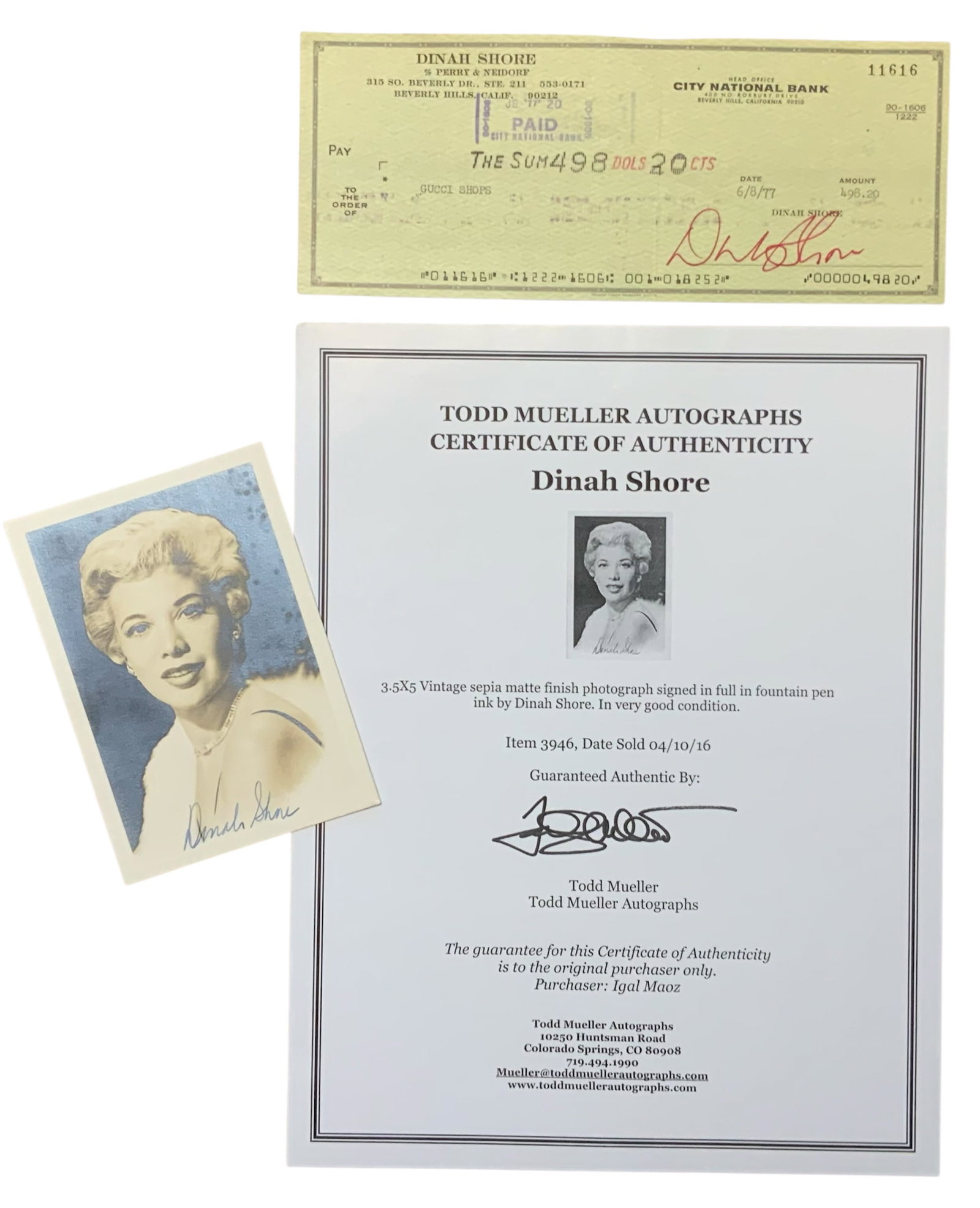 Actress Dinah Shore Signed Auto Photo & 1977 Personal Check (1 of 7)