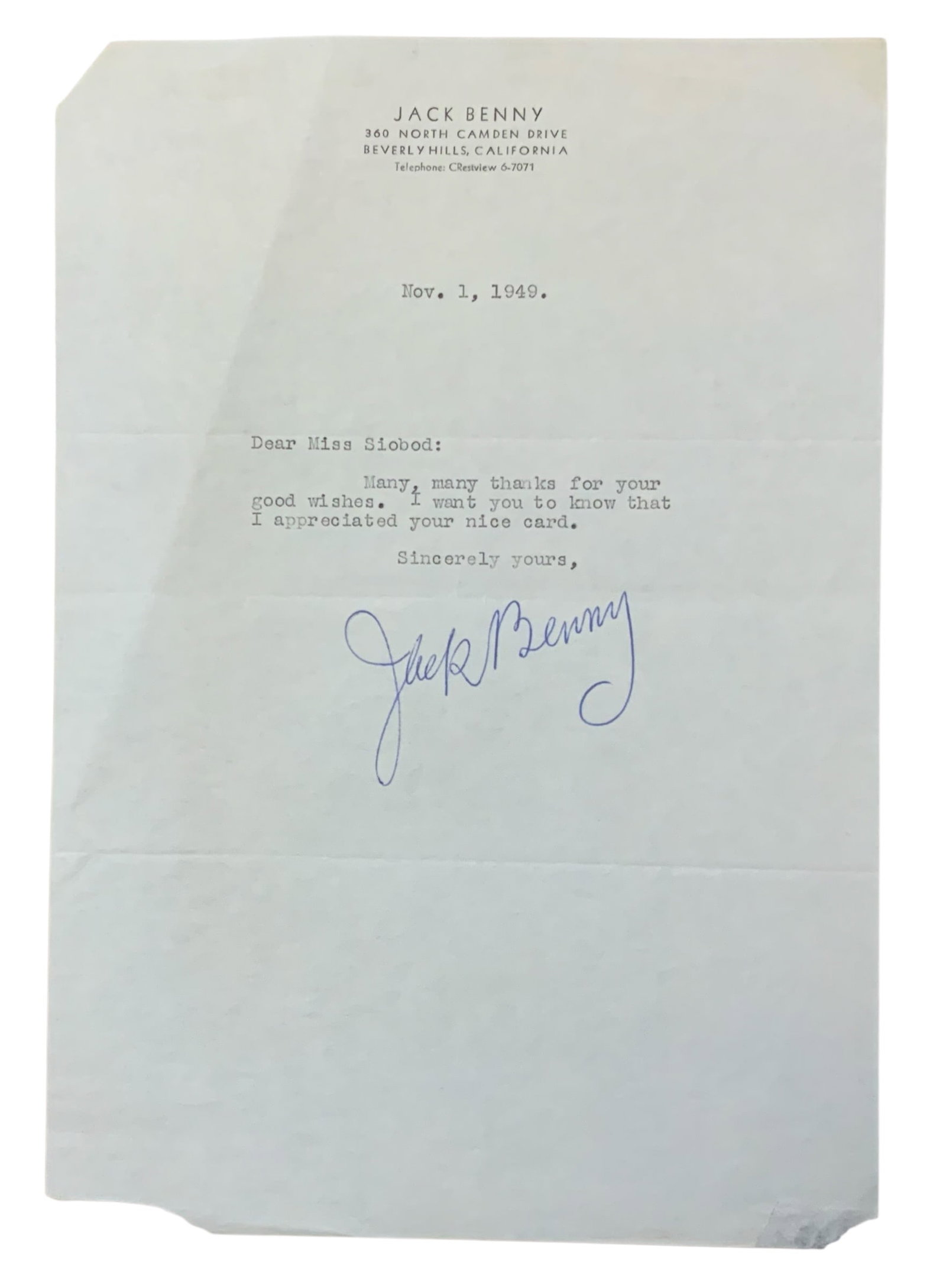 Actor / Comedian Jack Benny 1949 TSL Signed Auto Letter Letterhead (1 of 3)