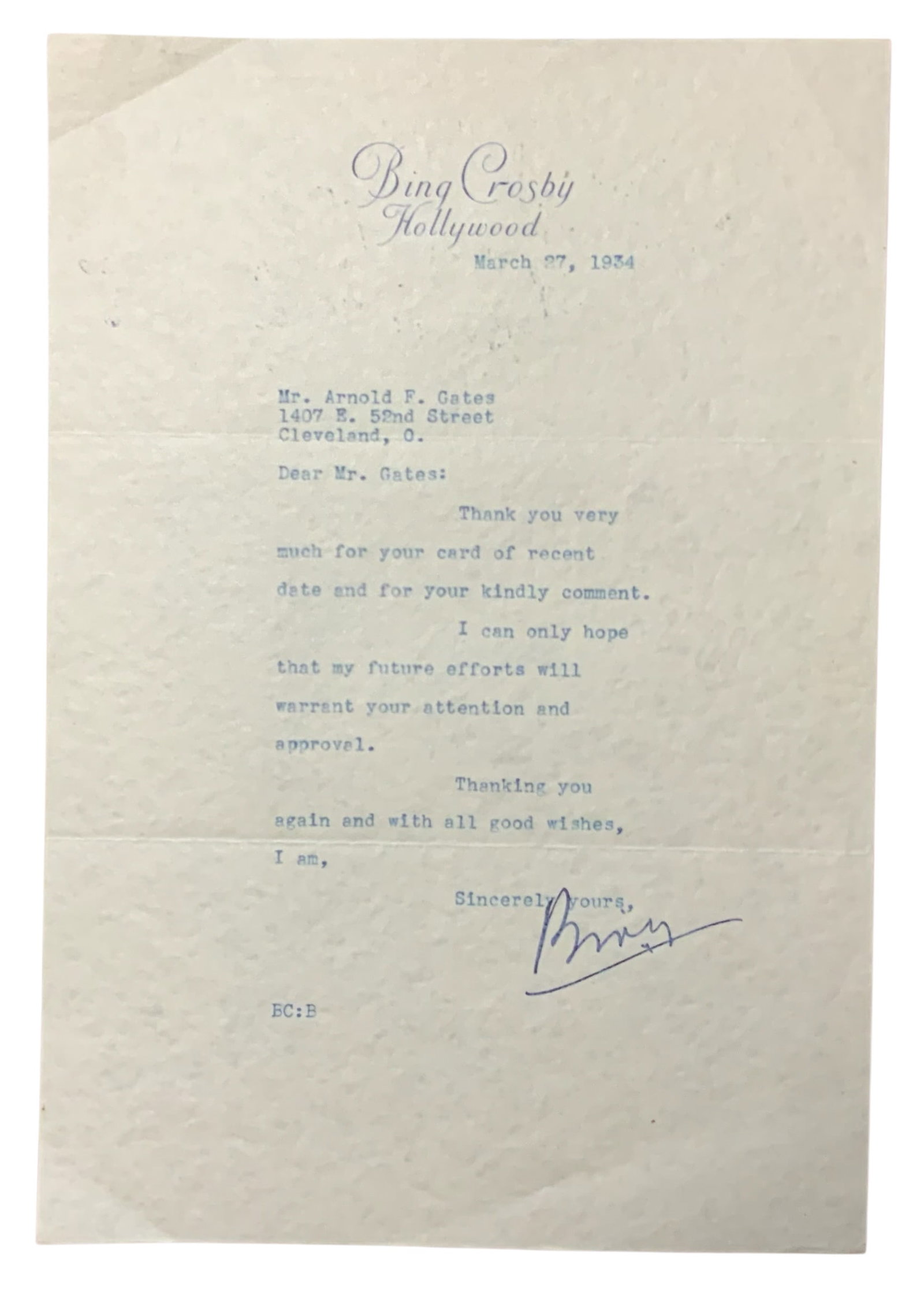Singer / Actor Bing Crosby TSL Signed Auto Letter Letterhead (1 of 3)