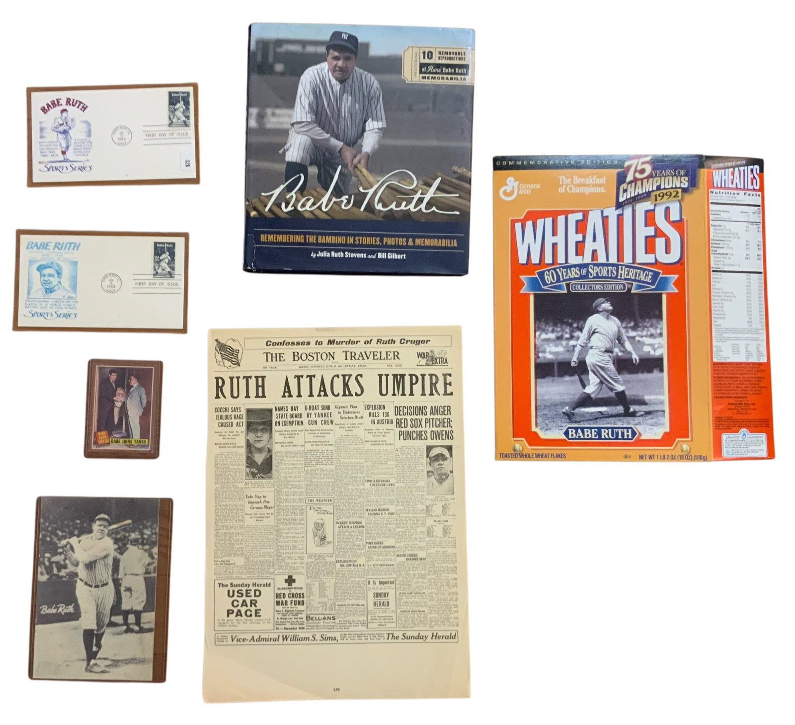 New York Yankees Baseball Babe Ruth Lot #1 Wheaties Box, First Day Covers, 1962 Topps, Book (1 of 17)