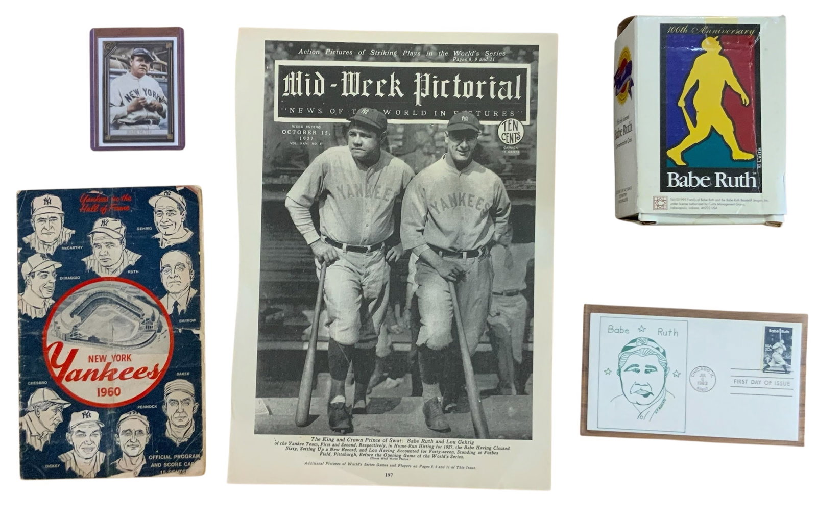 New York Yankees Baseball Babe Ruth Lot #2 Clock 1960 Program Newspaper Card First Day Cover (1 of 17)