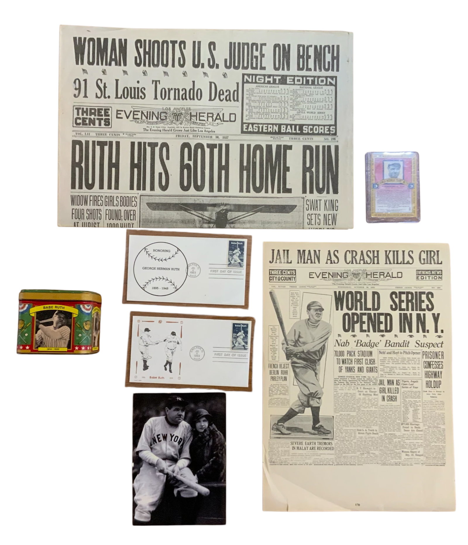 New York Yankees Baseball Babe Ruth Lot #3 Legends Tin Newspapers (2) FDC Postcard: New York Yankees Baseball Babe Ruth Lot #3. You will receive the following: Newspaper: Ruth Hits 60th Home Run, Newspaper: World Series Opened In NY, (2) 1983 First Day Cover, Baseball Legends Tin (em