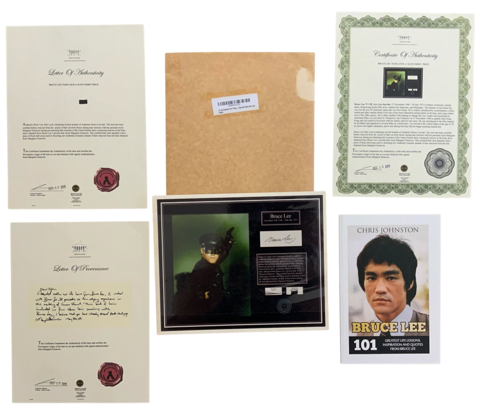 Actor / Martial Artist Bruce Lee Hair Strands / Shirt & Book w/COA Group Green Hornet: Actor / Martial Artist Bruce Lee Hair Strands / Shirt & Book w/COA Group. This item comes with a Certificate of Authenticity (COA) from Regents Gallery. We believe the autograph is a COPY of an origin