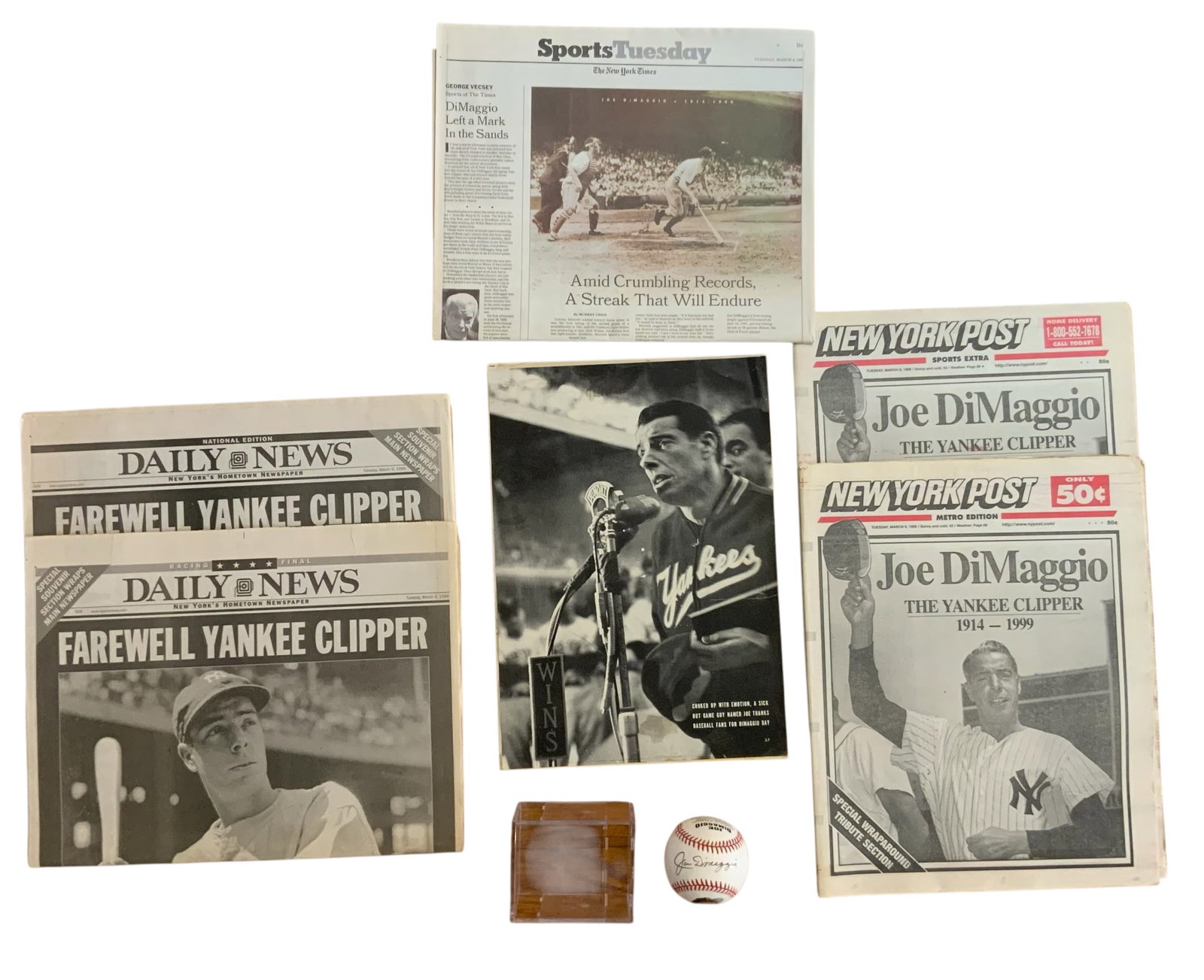 New York Yankees Joe DiMaggio Signed Baseball w/ COA, Poster & Newspapers Lot (1 of 13)
