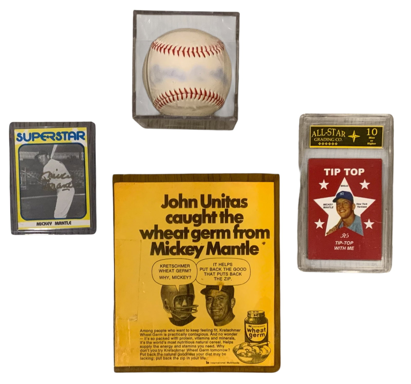 New York Yankees Mickey Mantle Lot Signed Ball / Card & Wheat Germ Advertisement: MLB Baseball New York Yankees Mickey Mantle Lot. Sadly the ball is faded even though the signature is recognizable. Also included is a signed card. There is no Certificate of Authenticity (COA) for an