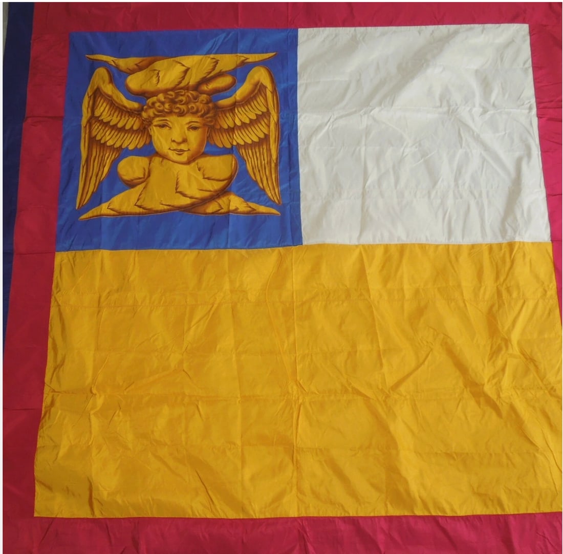 Vintage 1920s British Made Doge of Venice Francisco Foscari Hand Painted Flag: Original flag, measuring approximately 70.5 inches by 73 inches, made in Great Britain, with hand painted Doge of Venice Francesso Foscari imagery on both sides. Good overall condition. This was from 