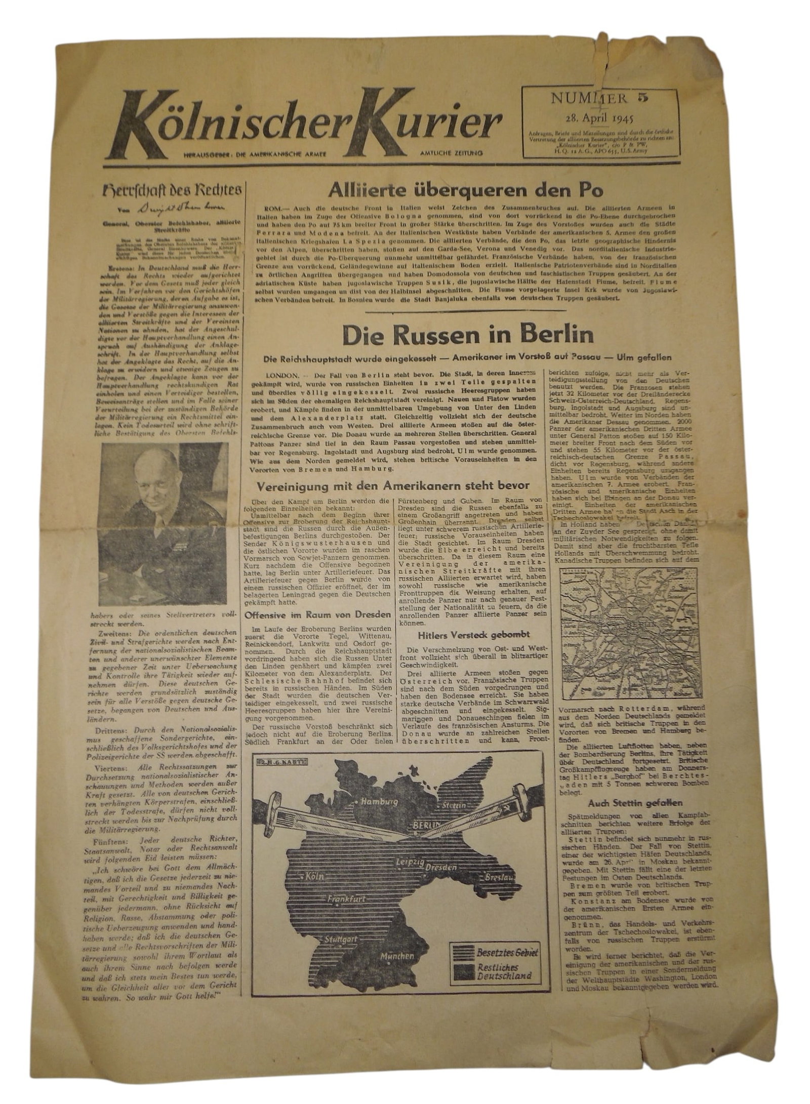 April 1945 WWII Anti German Propaganda Newspaper Cologne Courier Eisenhower (1 of 5)