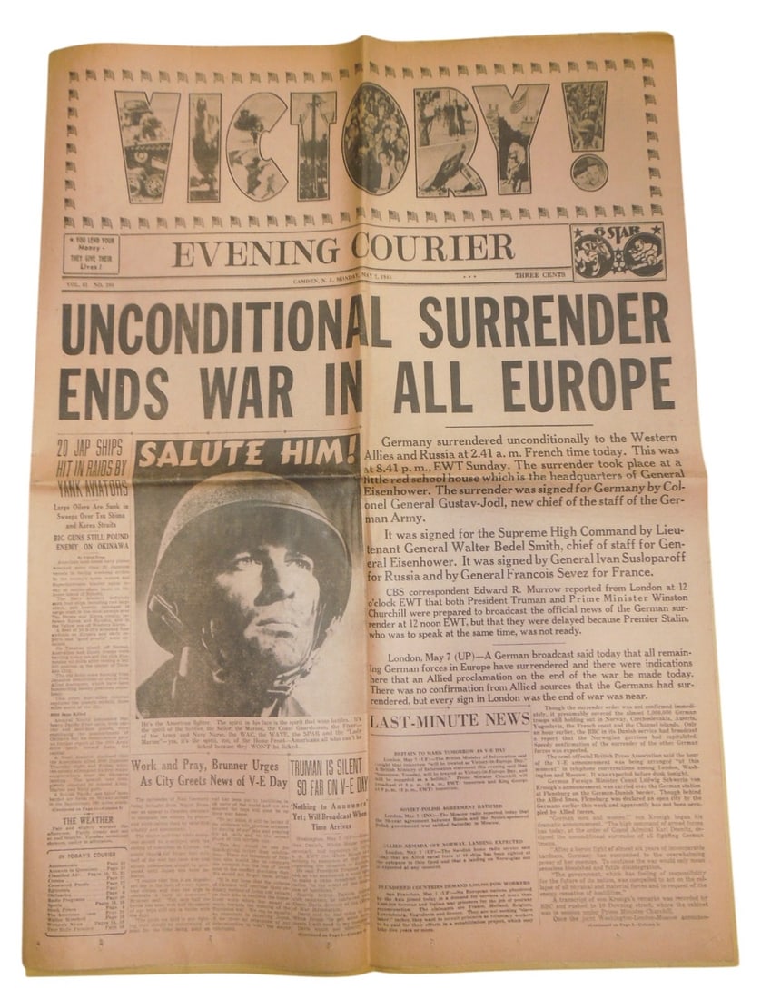WWII May 7, 1945 Victory in Europe New Jersey Newspaper (1 of 7)