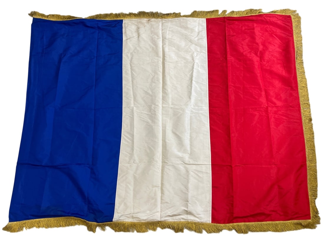 WWII National Flag of France With Bullion Fringe: Size 50 x 68 inches, bullion fringe, with fading on one side to the blue field.