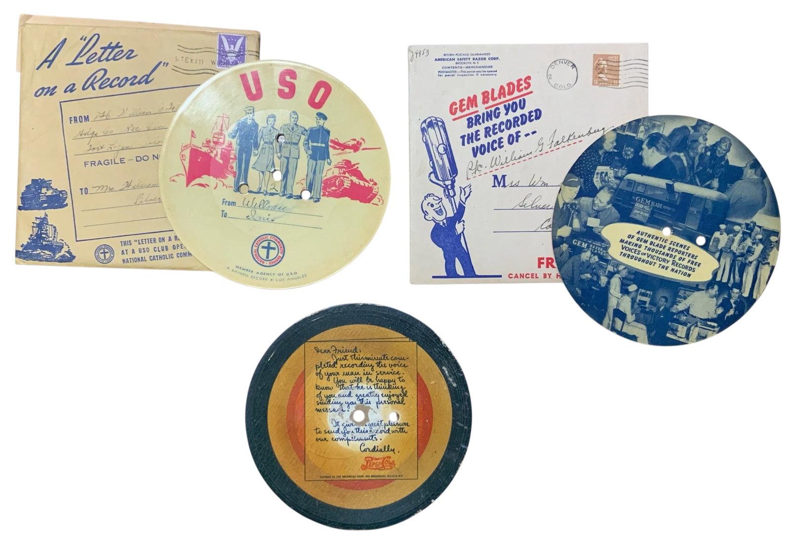 WWII Era Named Soldier Voice Letters on Record USO, Pepsi Cola, & Gem Blades (1 of 7)