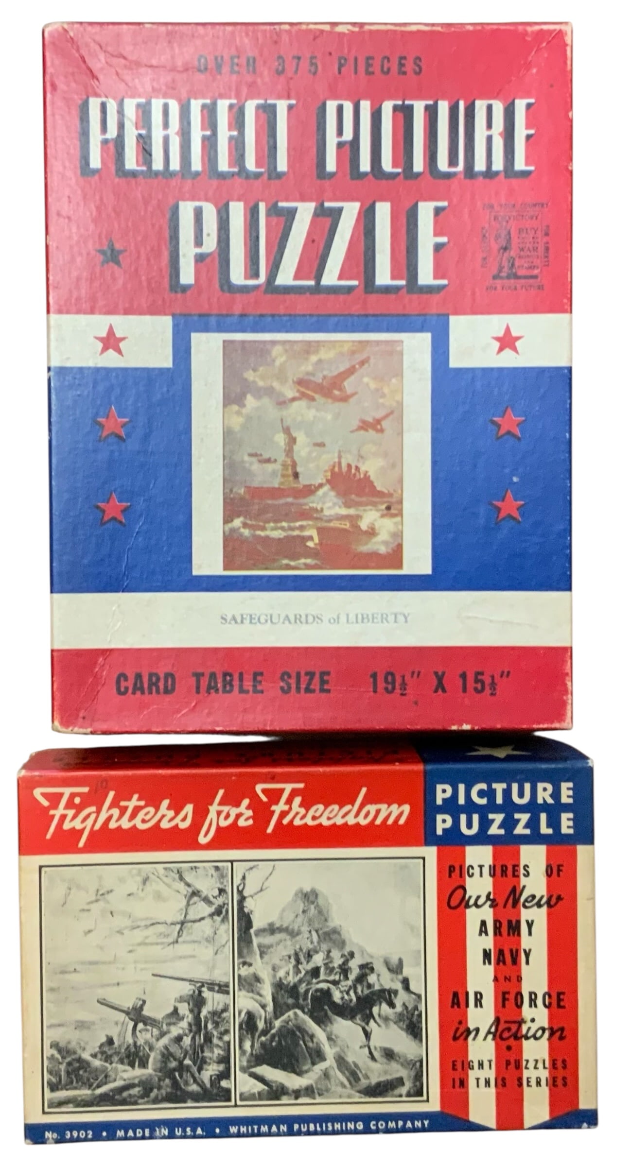 1940s WWII Era Puzzles Lot (2) Fighters for Freedom & Safeguards of Liberty: 1940s Patriotic Puzzles. The Fighters for Freedom Puzzle (Whitman Publishing Company) depict the Army, Navy and Air Force in action. The size is 10 x 16 inches. Overall, good condition for their ages.