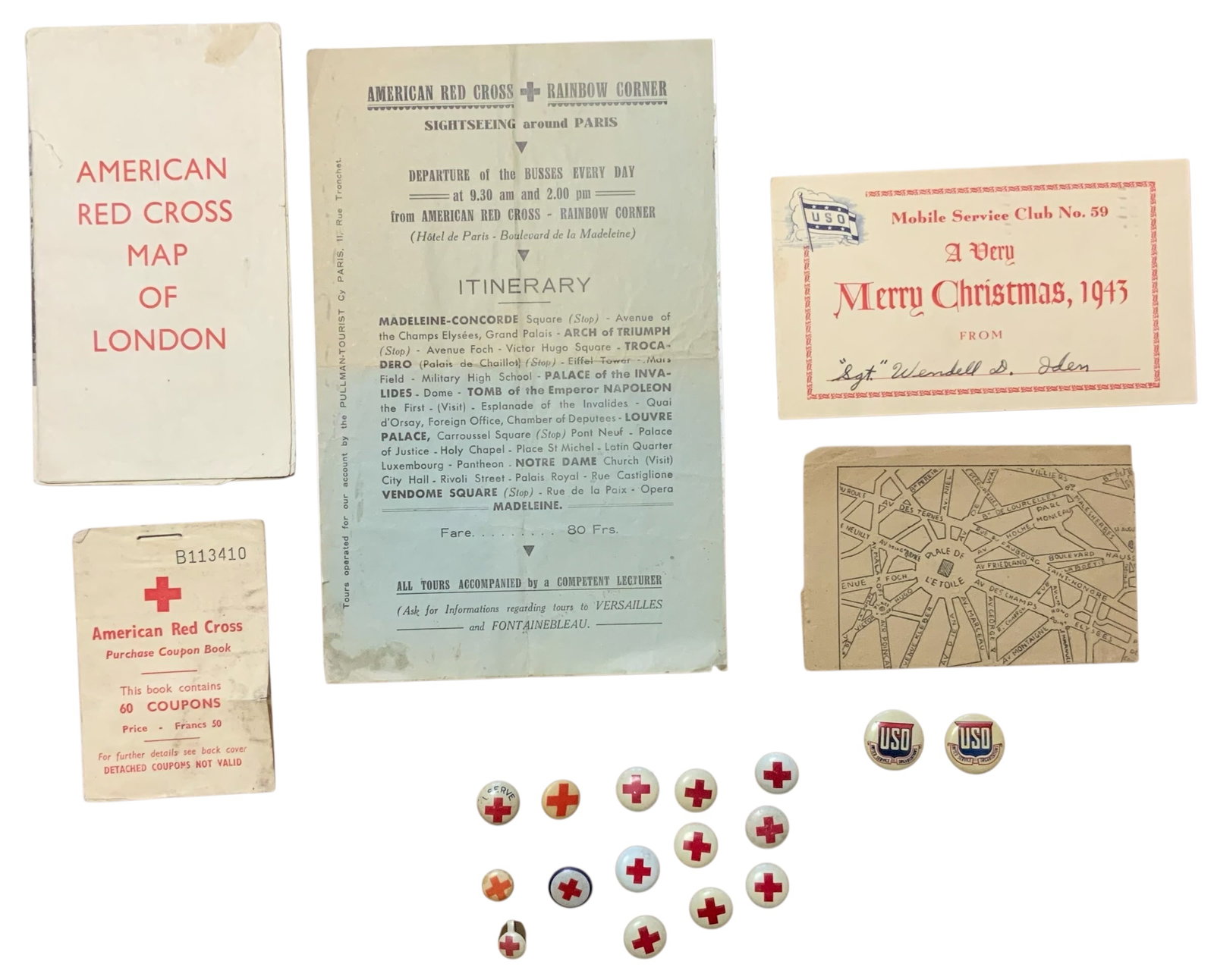 WWI / WWII Era USO & American Red Cross Pins, Coupon Book, Maps Lot (1 of 9)