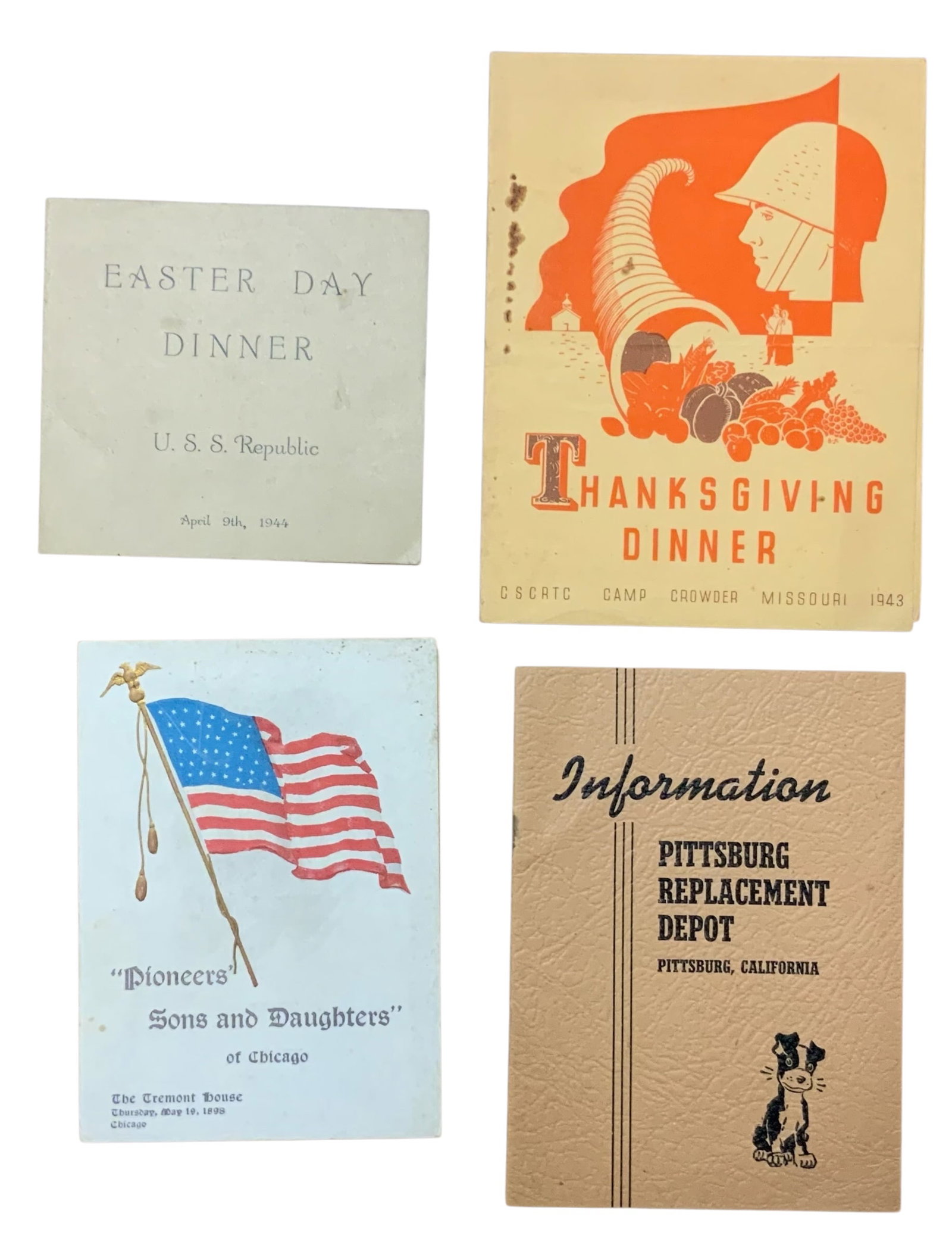 WWII Army Camp Crowder, Navy USS Republic Menus, Camp Stoneman Information Booklet lot (1 of 7)